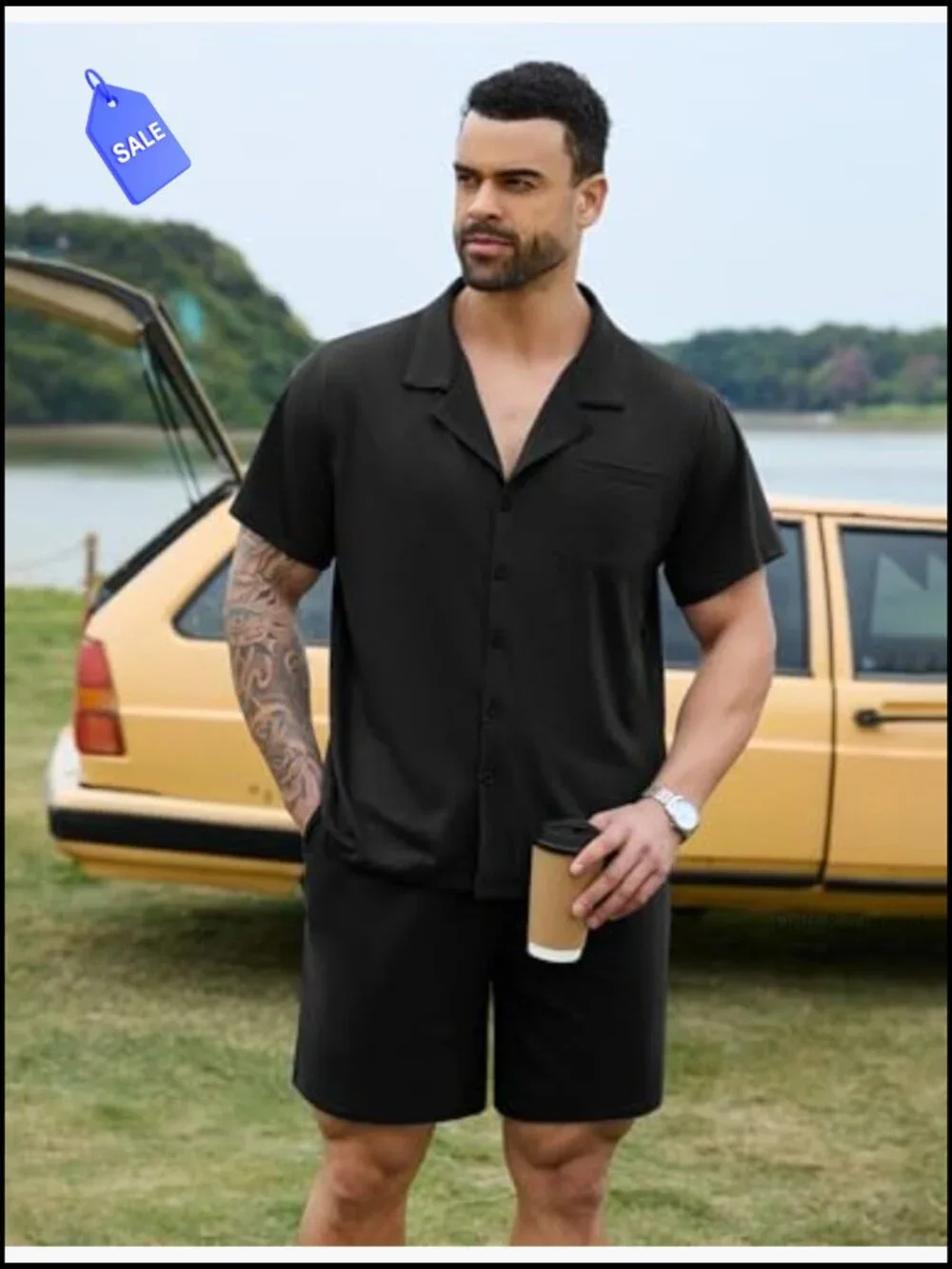 Men's 2-Piece Cotton Pajama Set Short Sleeve Button Down Lounge Set Pockets